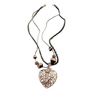 Filigree Heart Charm Pendant w/ Rhinestone & Beads on Black Cord 18" Valentines